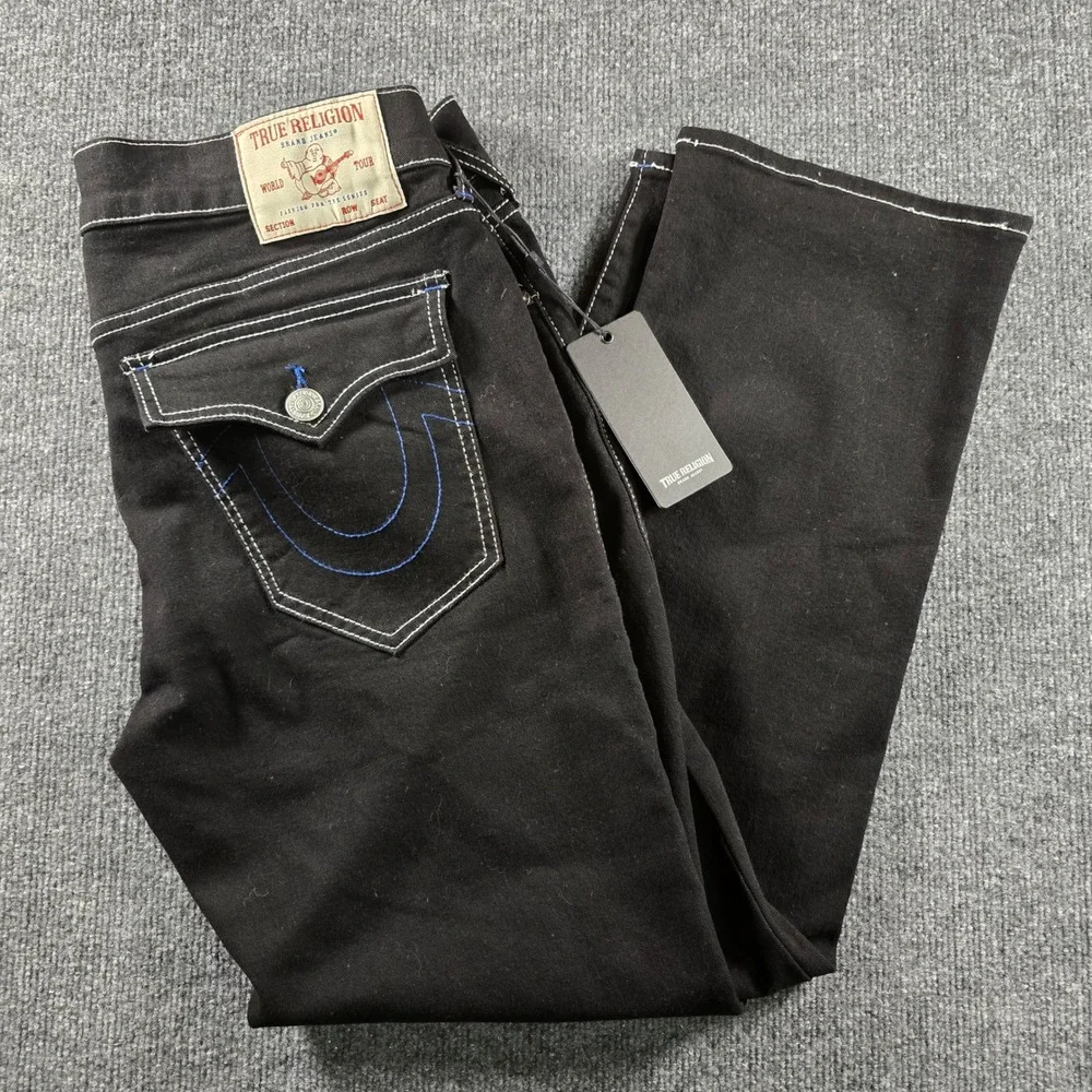 NWT True Religion Ricky Relaxed Straight Jeans Rinse Black Contrast Stitch 36